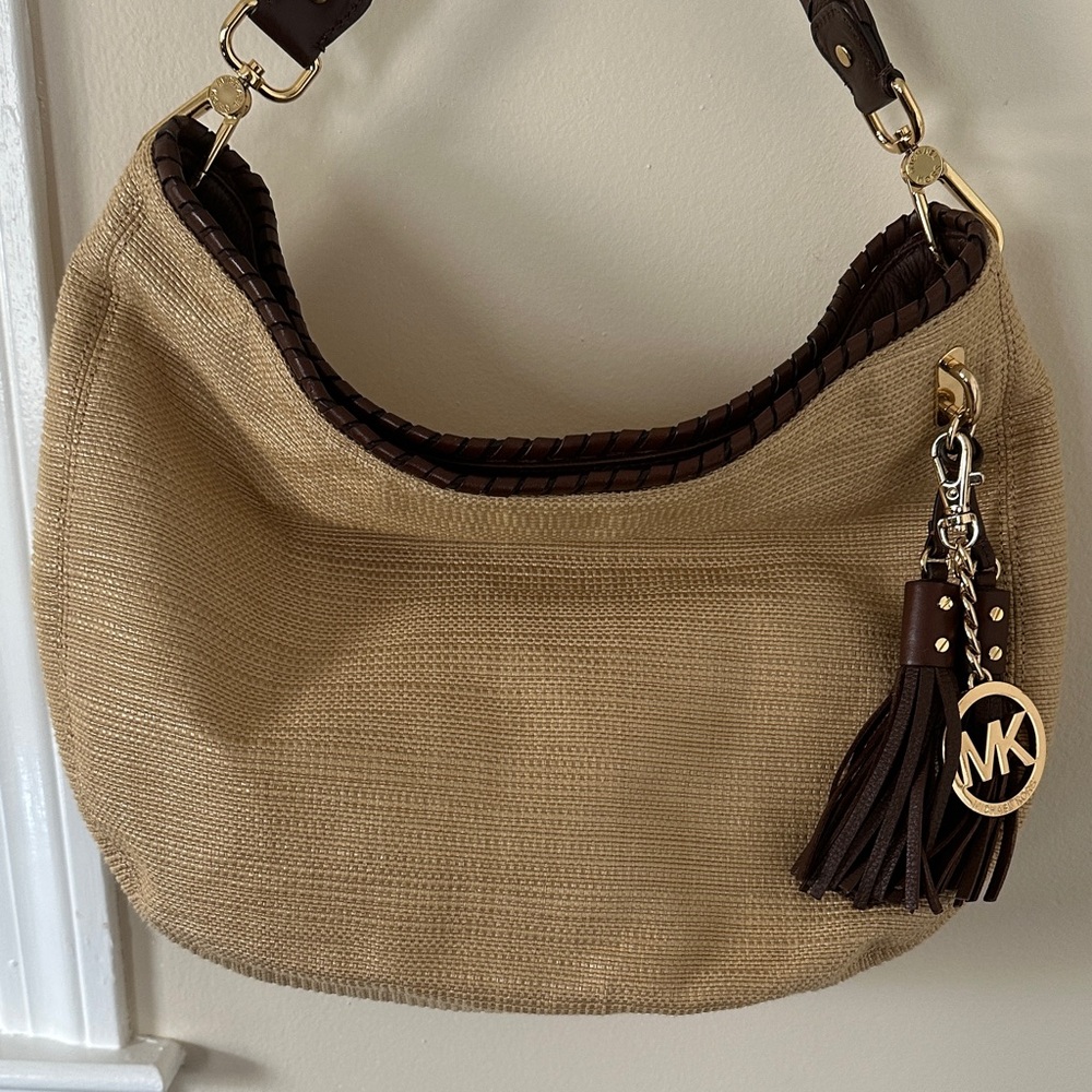 Michael Kors Beige and Dark Brown Woven Hobo Shoulder Bag